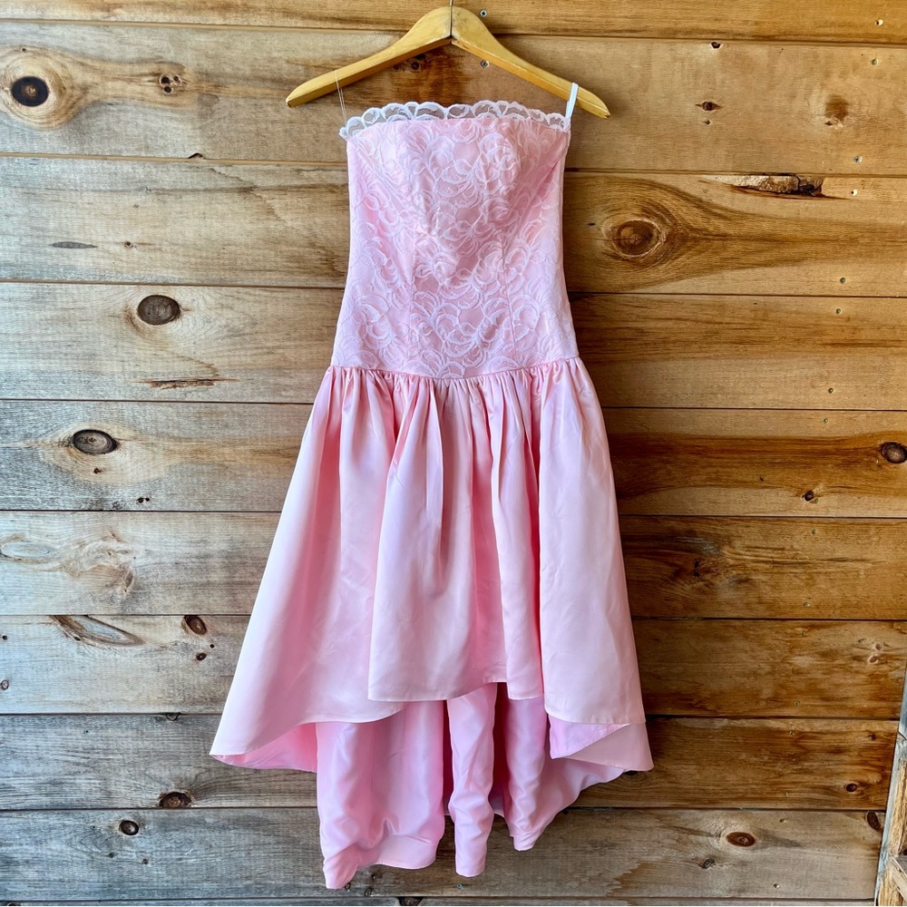 Vintage 80s Eighties Strapless Pink Satin High Low Prom Dress Huge Bow Barbie
